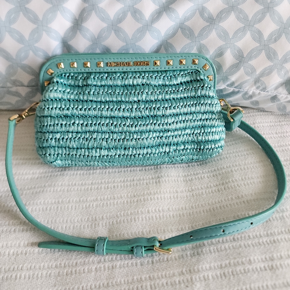 Michael Kors Aqua Woven Mini Crossbody with Gold Studs